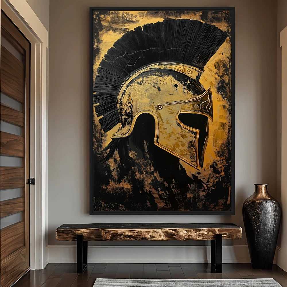 2D Flat 1pc Spartan Helmet Poster - Black and Golden Ancient Greek Battlefield Wall Art - Frameless print with - for Living Roo D260314