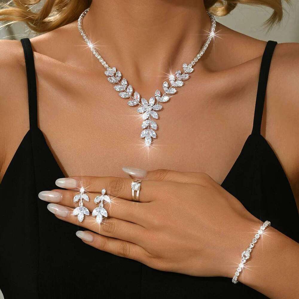Elegant, simple, atmospheric, trendy Korean necklace, ring, bracelet, earring four piece set suitable for wedding dresses Z260313