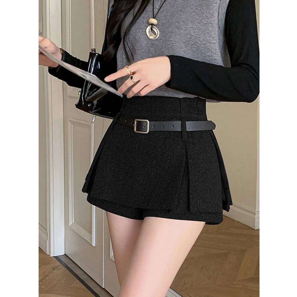 Preppy Style Gray Winter Thicken Women's Wool Skirt With Belt High Waist Casual Slim Hotsweet Y2k A-line Short Skirts Female Z260314