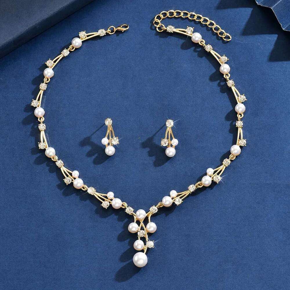 Vintage Pearl & Crystal Choker Necklace Earrings Set Women's Party Bridal Jewelry Gold-Tone Beaded Statement Accessories Z260313