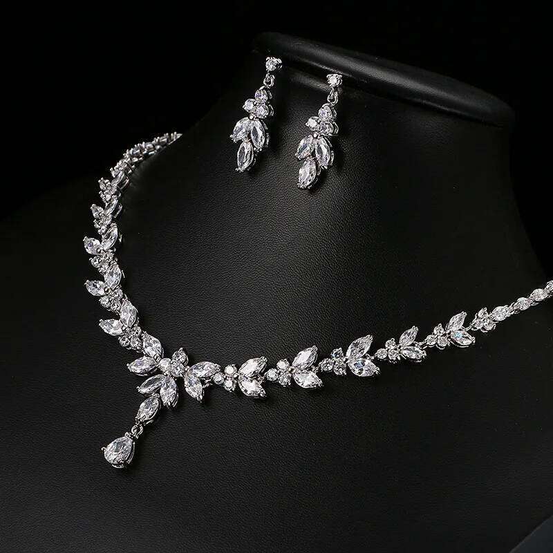 Ekopdee Luxury Brilliant Leaf Jewelry Set For Women Zircon Silver Color Wedding Bridal Necklace Earrings 2021 New Parure Bijoux Z260313