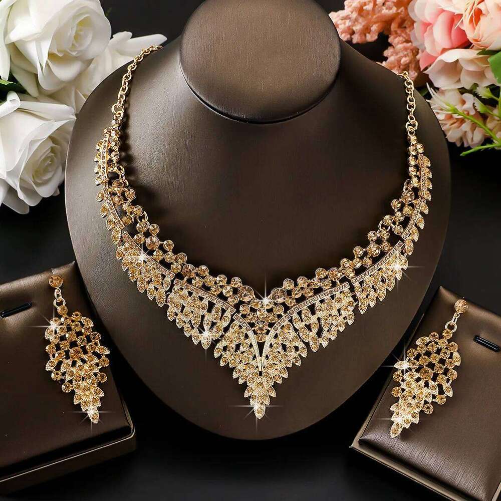 Champagne Crystal Statement Jewelry Set V-Neck Necklace Drop Earrings Bridal Wedding Prom Evening Party Glam Accessories Z260313