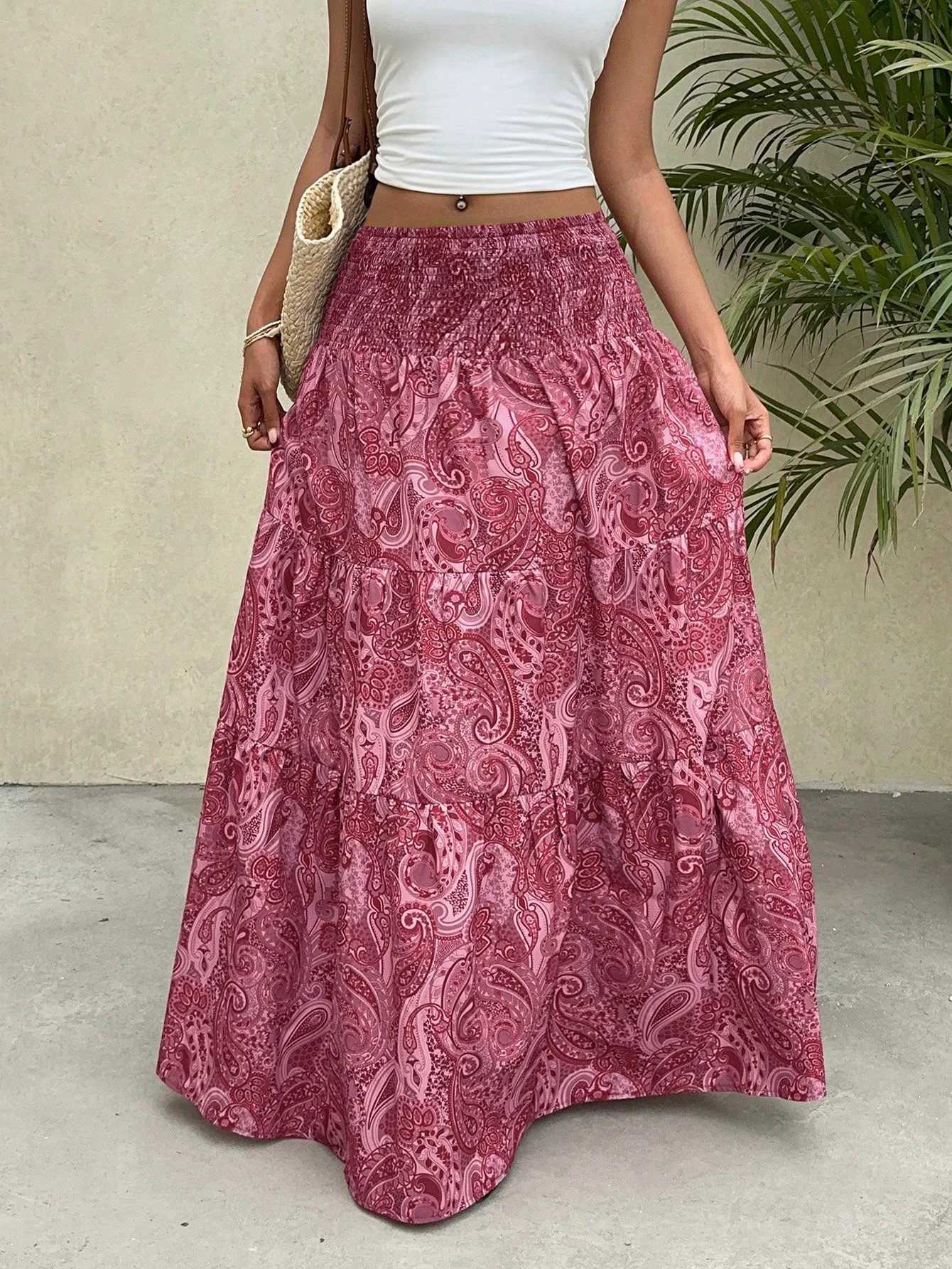 Vacation Style Stretchy Waist Long Maxi Skirt - Flowy Beach Skirt with Elastic Waistband M260314