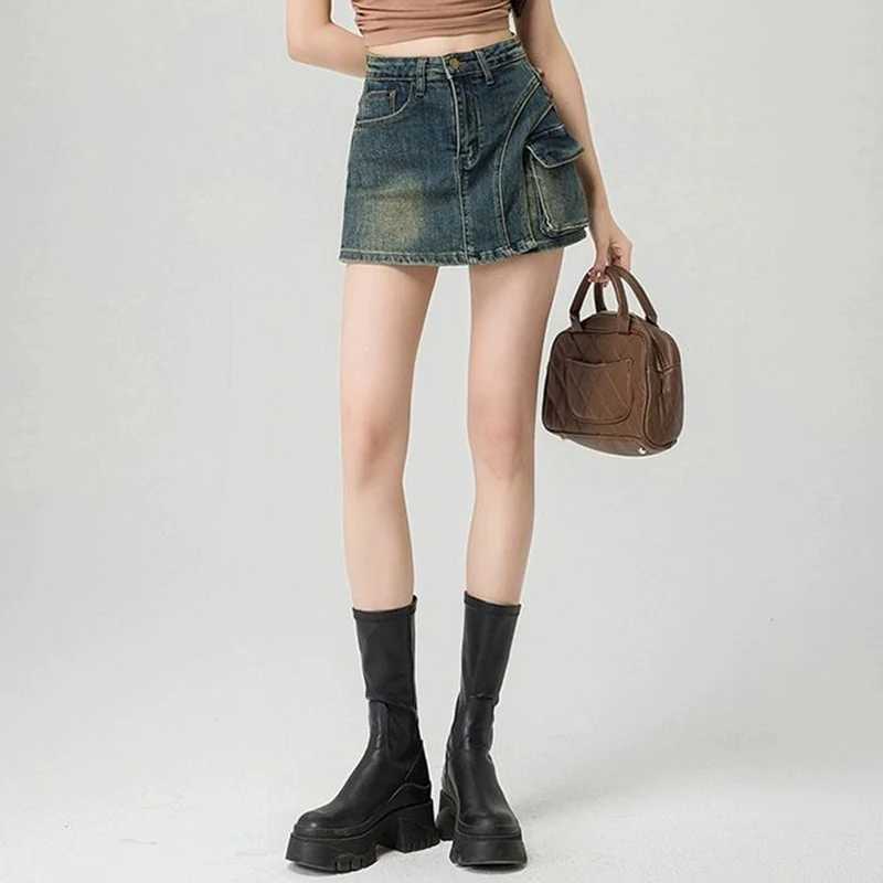 Summer Women Retro Blue High Waist Culottes Lady Thin Wrap Hip A-line Mini Jeans Skirts s Fashion Skinny Denim Dress M260314