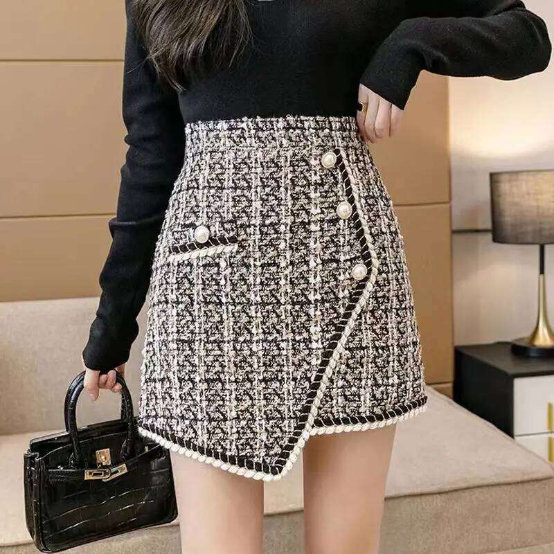 Whisper Printing Autumn Winter New Korean High Waist Plaid Western Style Irregular Button Comfortable All-match Mini Skirt Z260314