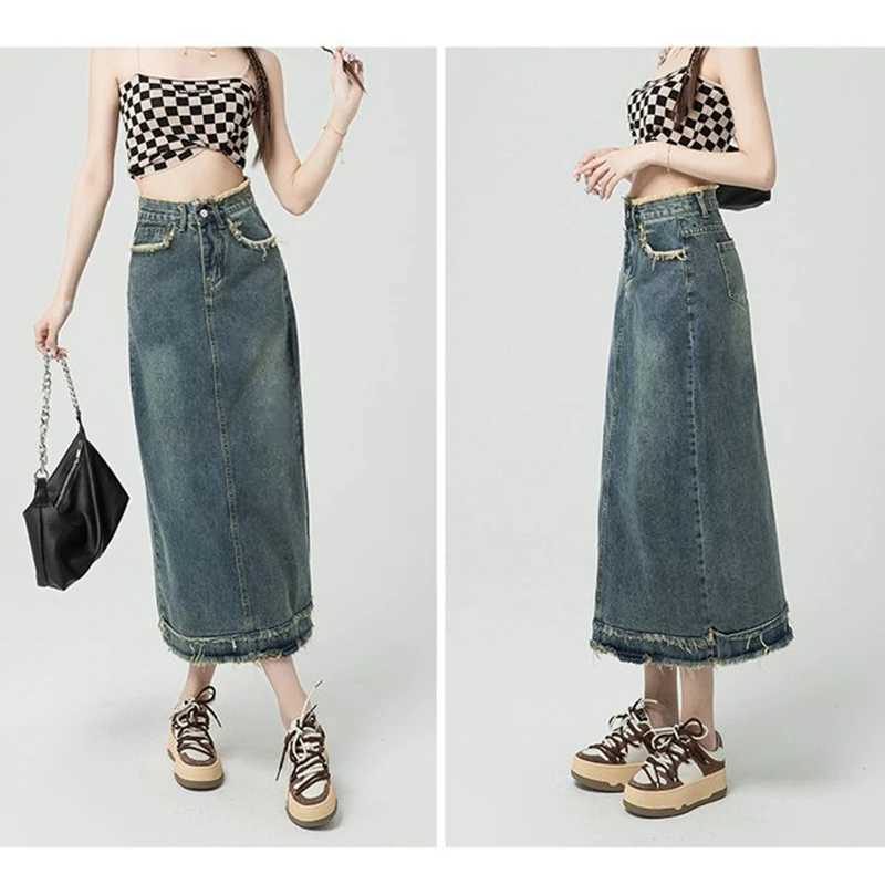 Lady Classic Designer High Waist Jeans Skirts s Korean Slim Fit Mid-Long Dress Women Chic Ripped Thin Denim Skirts M260314