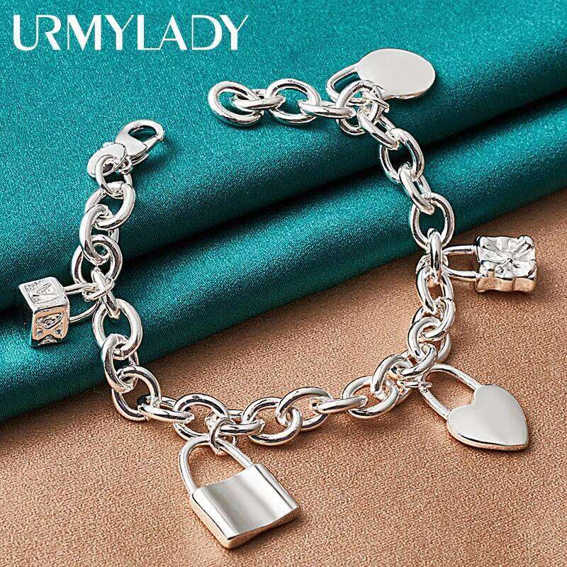 URMYLADY 925 Sterling Silver Lock Pendant Bracelets For Women Men Wedding Party Fashion Jewelry Z260313