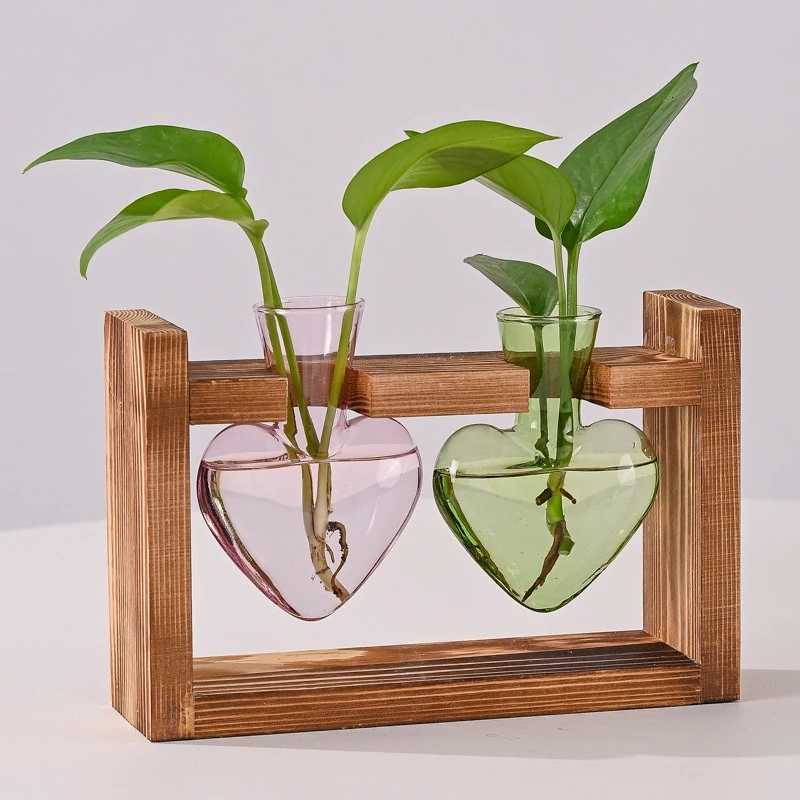 Creative Colorful Heart Shaped Transparent Glass Vase Wooden Frame Hydroponic Vase Container Home Ofice Table Decoration Y260314