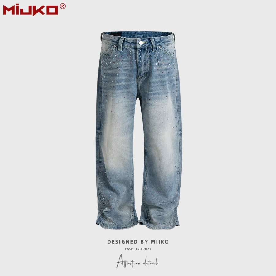 MIJKO Men's and Women's Washed and Aged Jeans Unisex with Rhinestone Faded Wide Straight Leg Blue Jeans