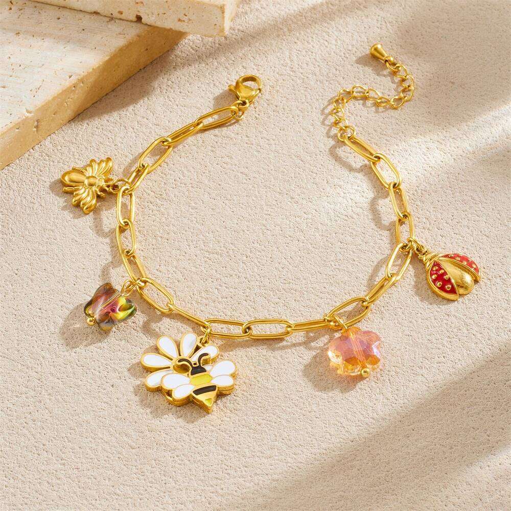 DIEYURO 316L Stainless Steel Bee Flowers Ladybug Butterfly Necklace Bracelet Earrings Set Lady New Fashion Waterproof Jewelry Z260313