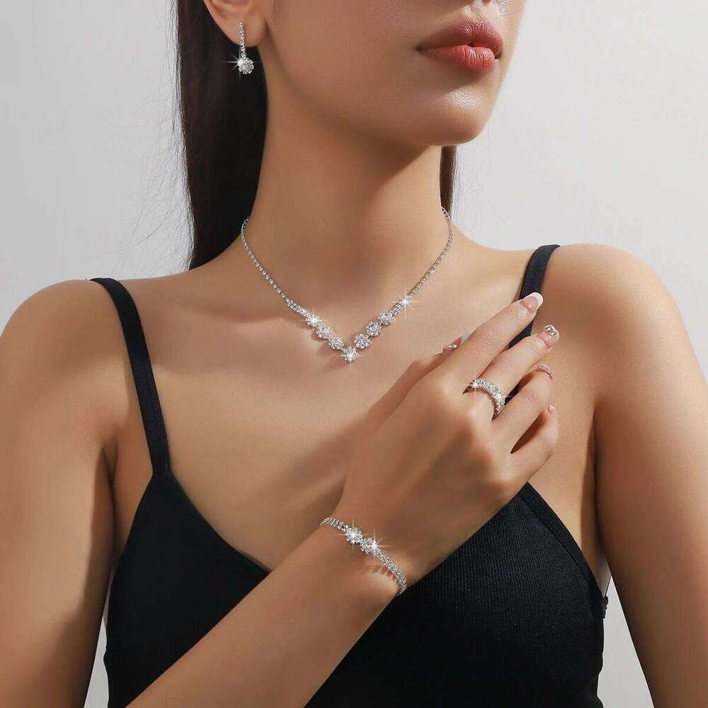 Floral Crystal Jewelry Set Necklace Earrings Bracelet Stretch Ring Flower Pendant Silver-Plated Bridal Accessories for Wedding Z260313