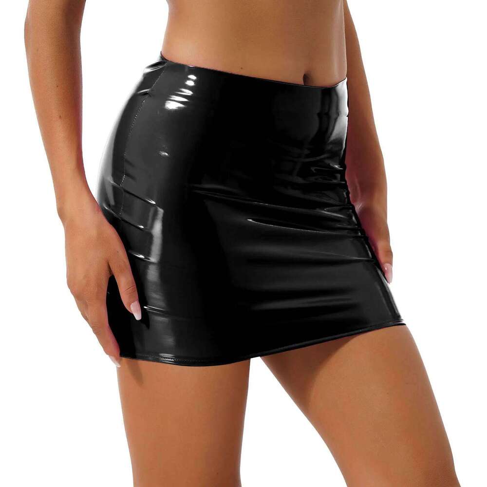 Womens Shiny Metallic Faux Leather Mini Skirt Latex Vinyl Elastic Waistband Micro Skirts Stretchy Bodycon Clubwear Z260314