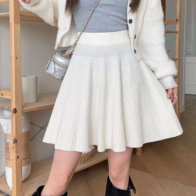 Autumn Winter Knitted White Mini Women Korean High Waist A Line Pleated Skirt Woman Preppy Style All Match Short Skirts Z260314