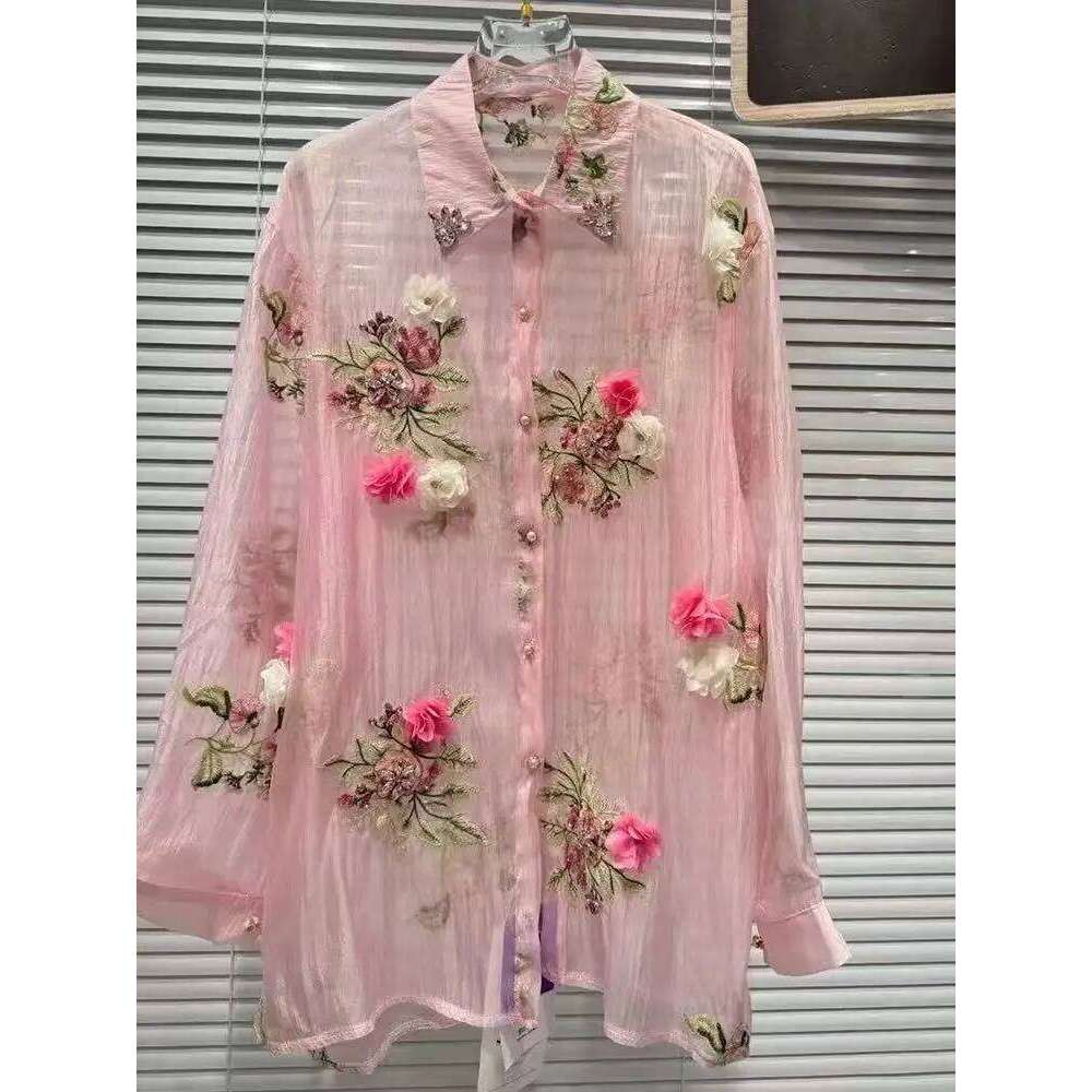 New In Summer Diamonds Flowers Embroidery Shirts Blouses For Women Long Sleeve Thin Sunscreen Loose Casual Top Cardigan MAKOUFEI