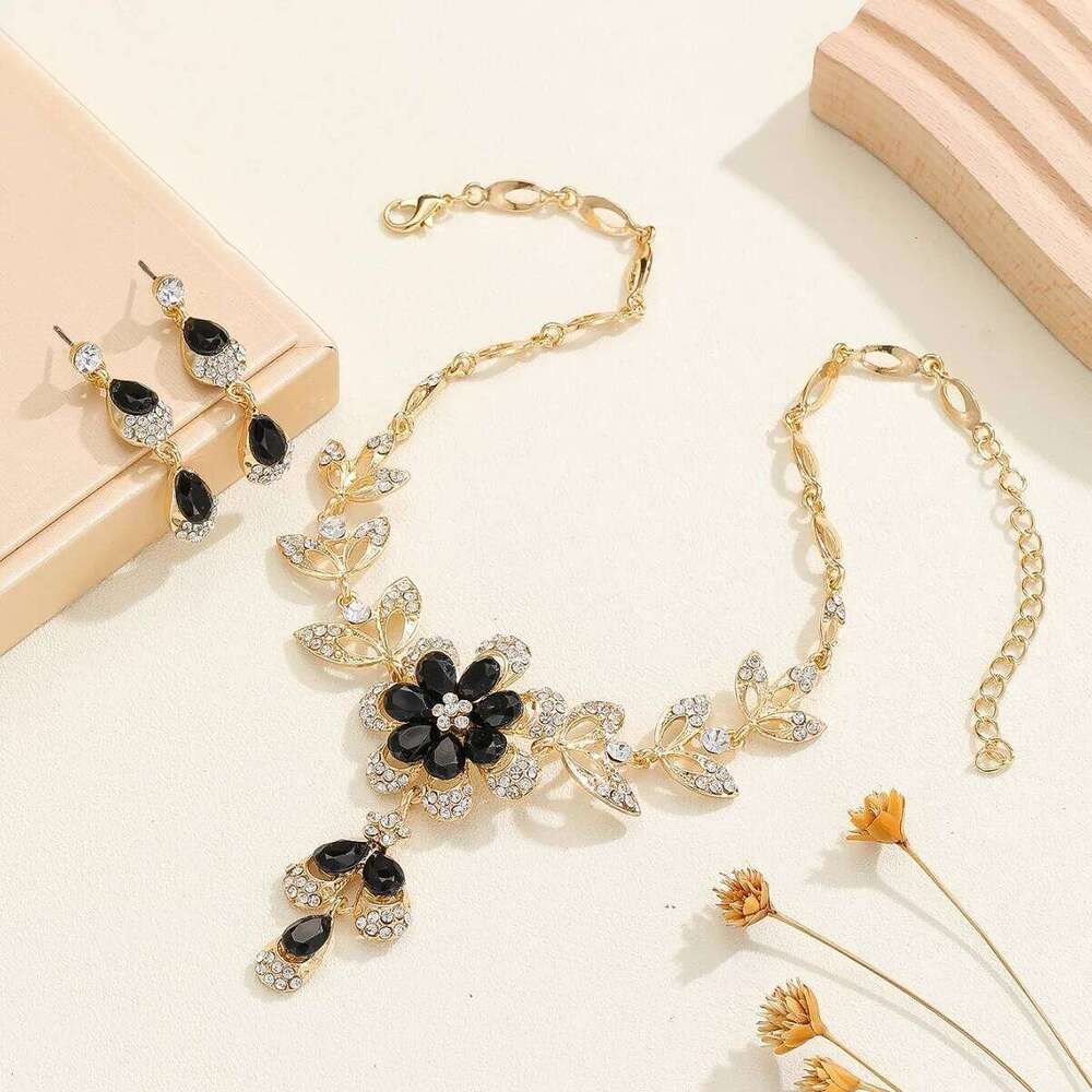 3PCS Elegant Flower Shape Black Zircon Necklace Earrings Jewelry Set Fashion Banquet Accessories For Women Gift Z260313