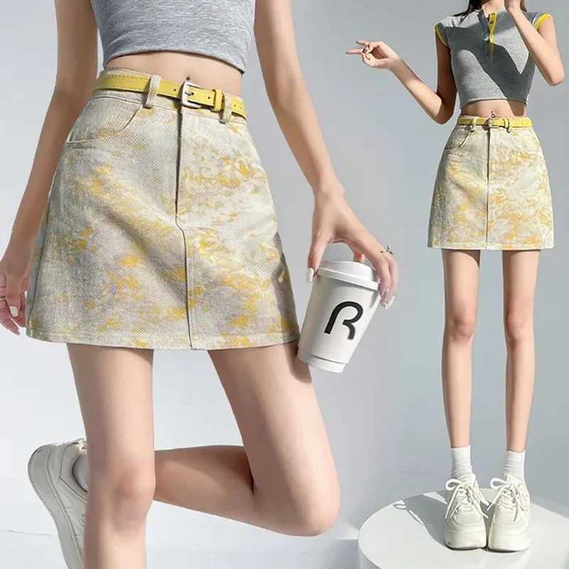 Summer Lady Chic Fashion High Waist A-line Denim Skirt Women Yellow Floral Thin Mini Dress s Korean Elegant Denim Skirt M260314