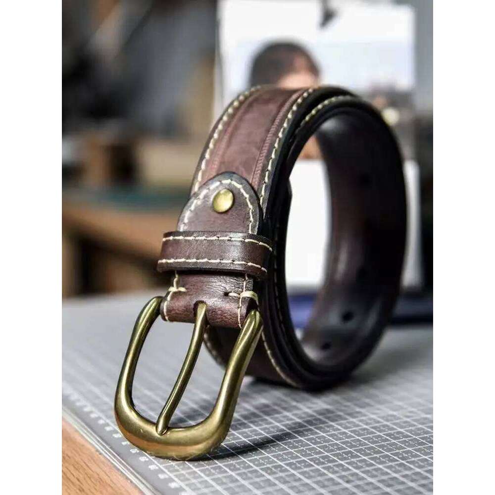 LB02 Vintage Distressed Genuine Leather With White Buckle for Jeans Men Belt Z260226