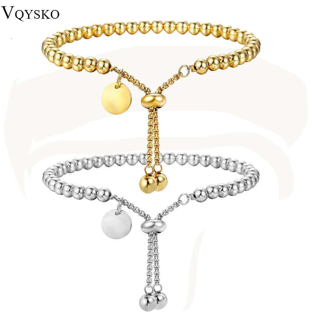 VQYSKO Fashion Stainless Steel Custom Letter Tag Ball Beads Adjustable Women's Bracelet Jewelry Z260313