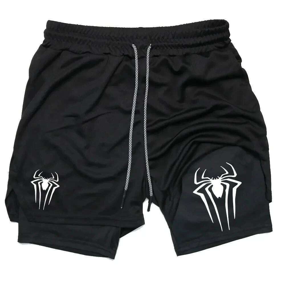 2-in-1 men's spider print casual tight fitness running sports shorts Z260314