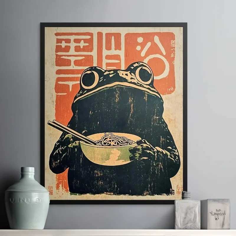 1pc Frameless Canvas Art Print Art Deco Retro Japanese Style Printed on Canvas with Frog Eating Ramen Wall Decoration D260314