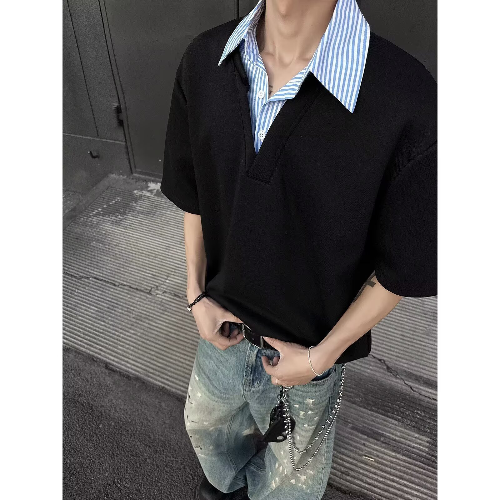 Summer Designer Designer T-shirt Hoodie Trendy Loose Fit Patchwork Fake Twopiece Short Polo Sleeve Men's Fashionable Stylish Casual