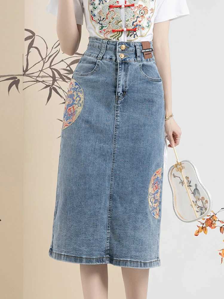 New 2024 Spring Summer Denim Skirt For Women High Waist Embroidery Back Slit Blue Jean Skirts Chinese Style A Line Skirt Women M260314