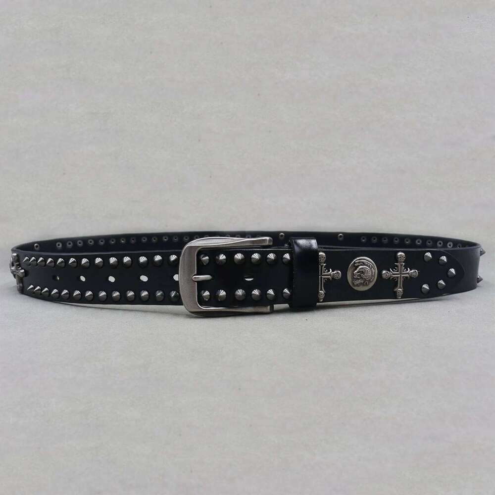 Metal Skull Cross Cowboy Genuine Leather Cowskin Belt Punk Rivet Jeans Belts For Men Ceinture Z260226