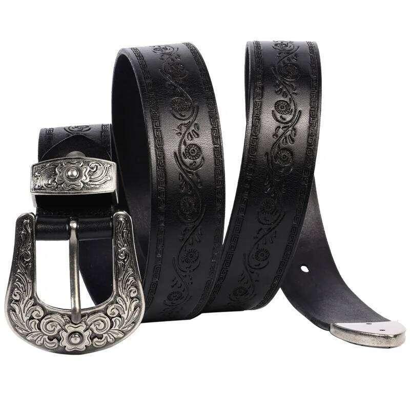 3.8cm Width Men Genuine Leather Vintage Luxury Print Pin Buckle High Quality Cowskin Cowhide Strap Jeans Belt Z260226