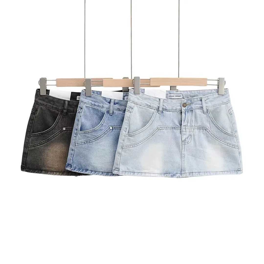 Skirts for Women Sexy Slim Solid Colour Pockets Spliced 2024 Summer Casual Femme High Waist Wrap Hip Mini Short Denim Skirt M260314