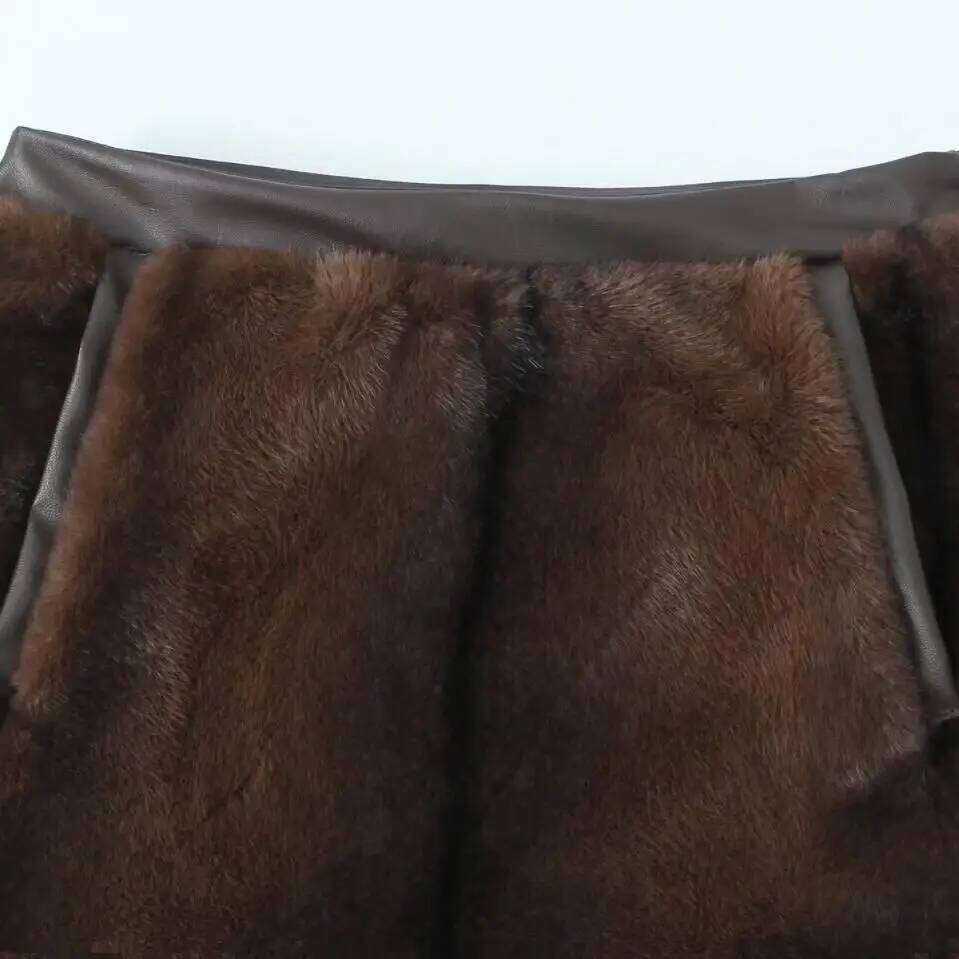 Autumn Winter Faux Fur Skirt For Women High Waist Dark Brown Simple Party American Casual Fashion Female Plush Short Skirts Z260314