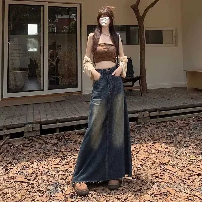 2024 Summer New A- line Denim Skirt High-waisted Vintage Design Sensibility Womens Long Dress Fringe Bagging Style M260314