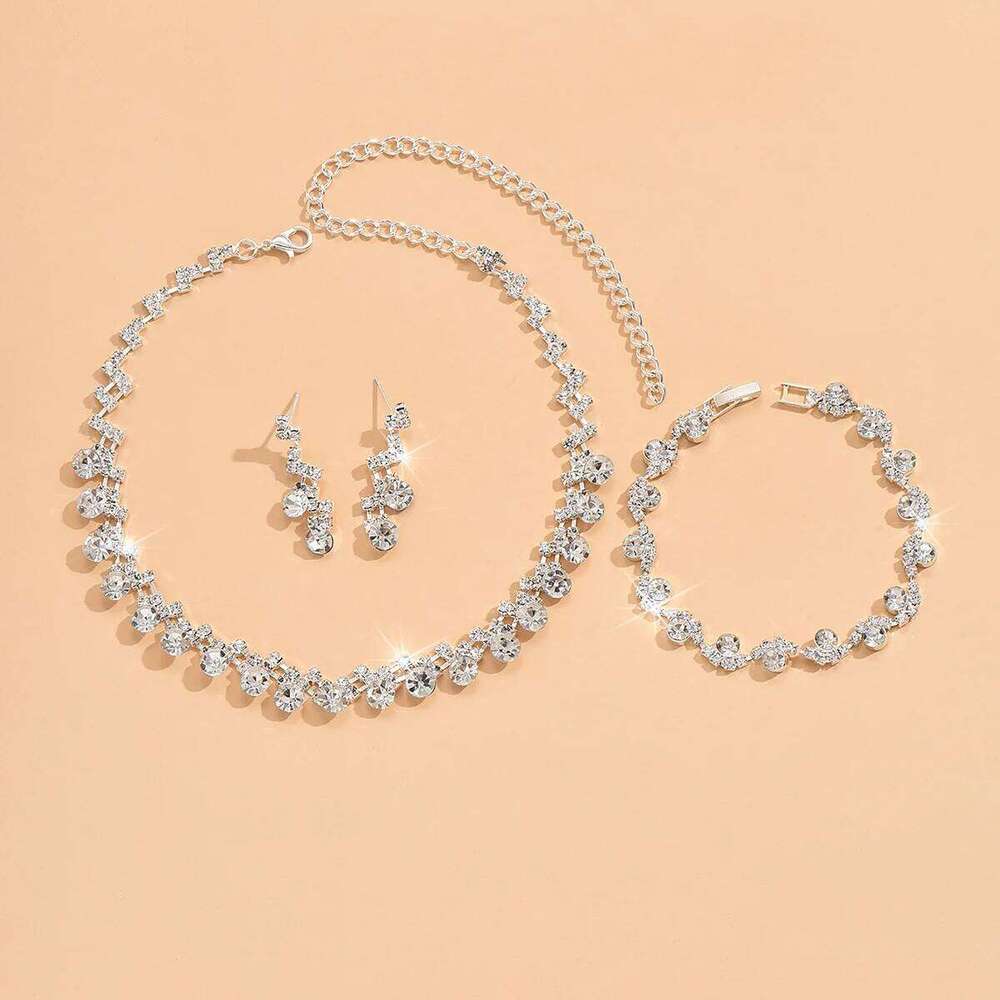 4/3PC women's fashionable rhinestone geometric circular necklace, earrings, bracelet set, simple and high-end jewelry se Z260313