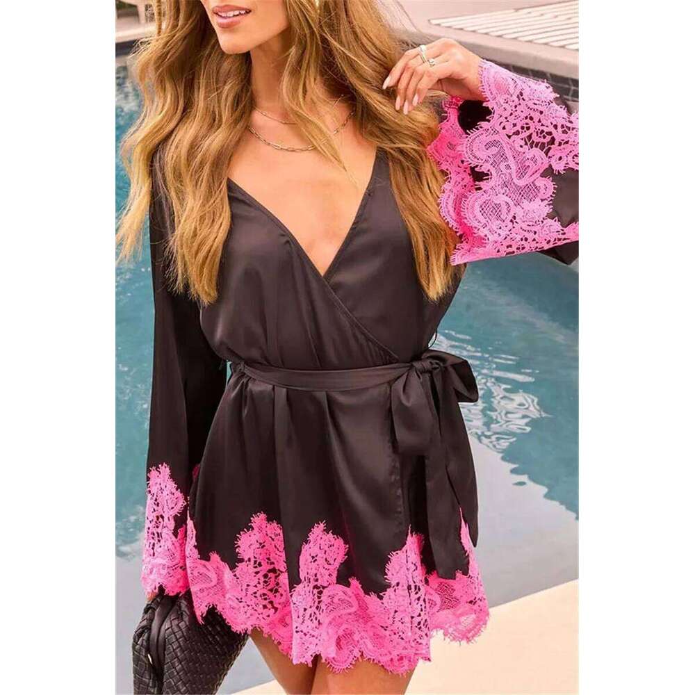 Women Satin Silky Wrap V Neck Lace Trim Tie Waist Bell Sleeve Kimono Mini Party Wedding Guest Short Dress MAKOUFEI