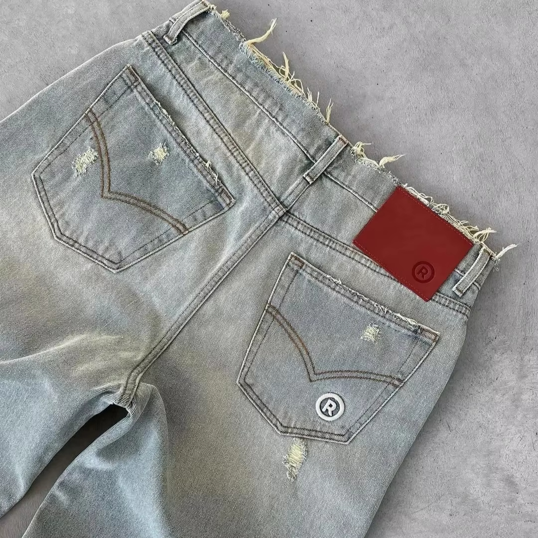 Straight Jeans Distressed Men Jean Ripped Holes Washed Denim Pants Ankle Length Loose Solid Zipper Fly Pockets Casual