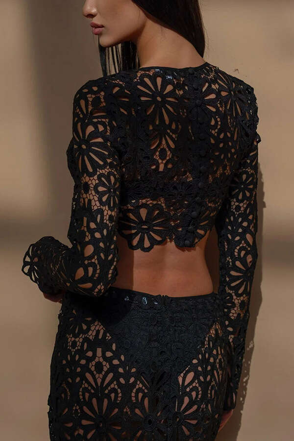 2026 Autumn Women European American Slim Fit Hollow Lace Two Piece Set Top And Skirt Elegant Fashion Casual Party Outfit MAKOUFEI