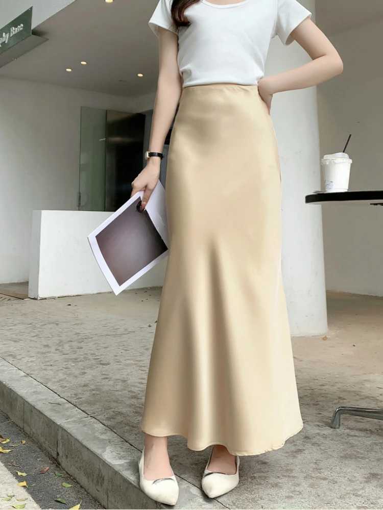 Temperament Elegant Satin Fishtail Skirt Mujer Faldas Vintage Maxi Skirts Women Party Wear Vestido De Festa Fashion Clothes M260314