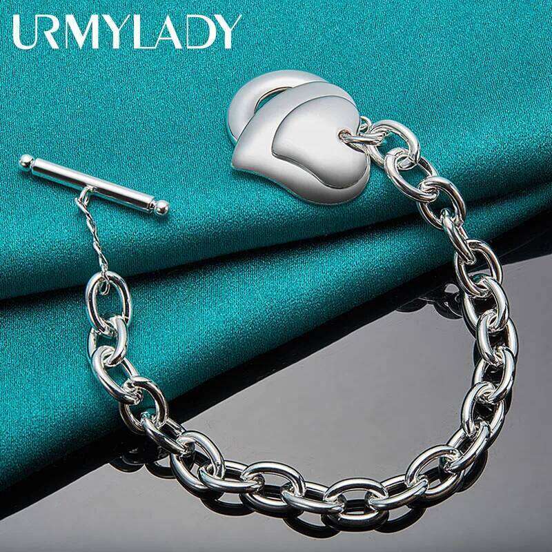 URMYLADY 925 Sterling Silver Double Heart Pendant Bracelet For Women Wedding Party Charm Jewelry Z260313