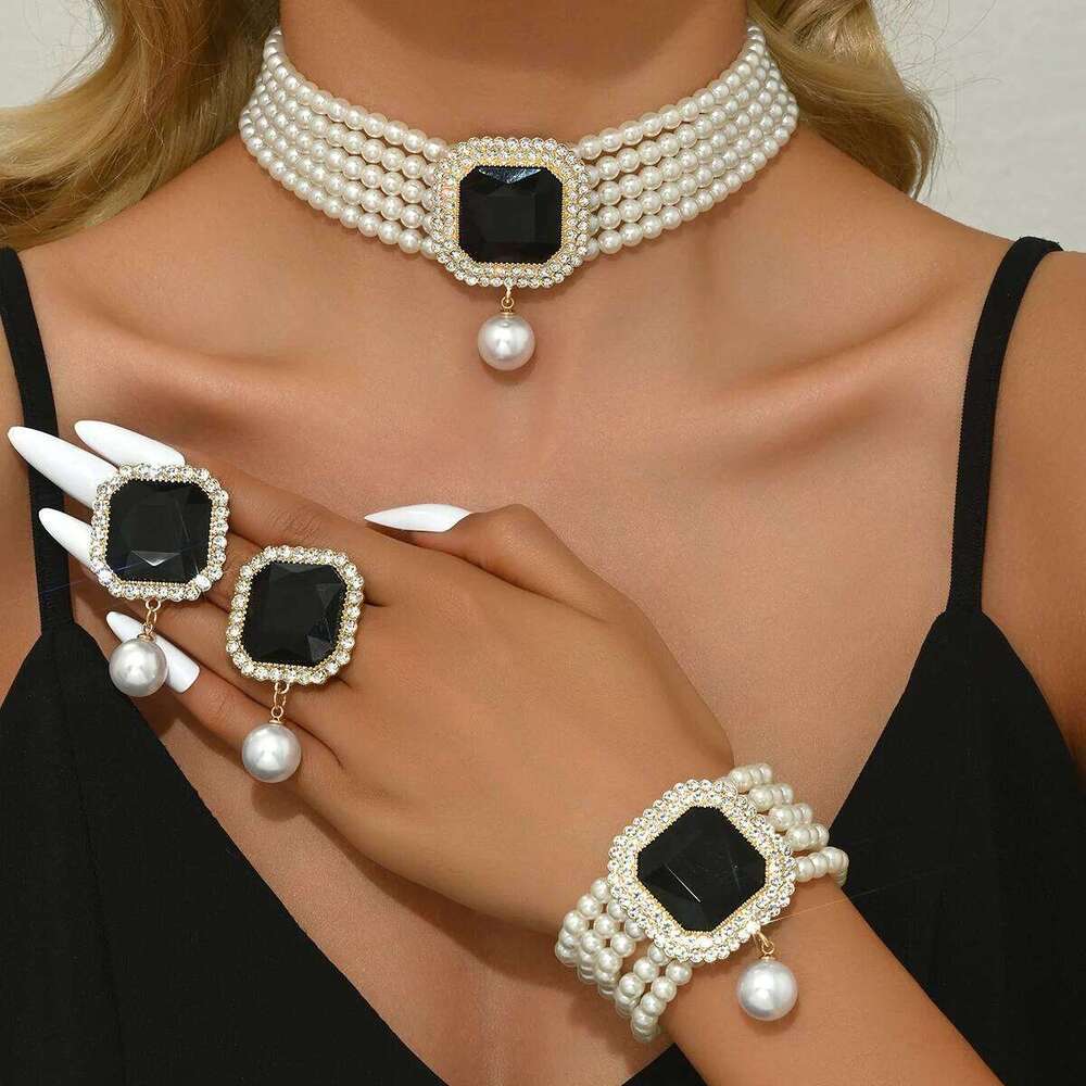 Luxury Pearl Emerald Set for Women Multi-Strand Necklace Bracelet Earrings Daily Party Statement Jewelry Z260313