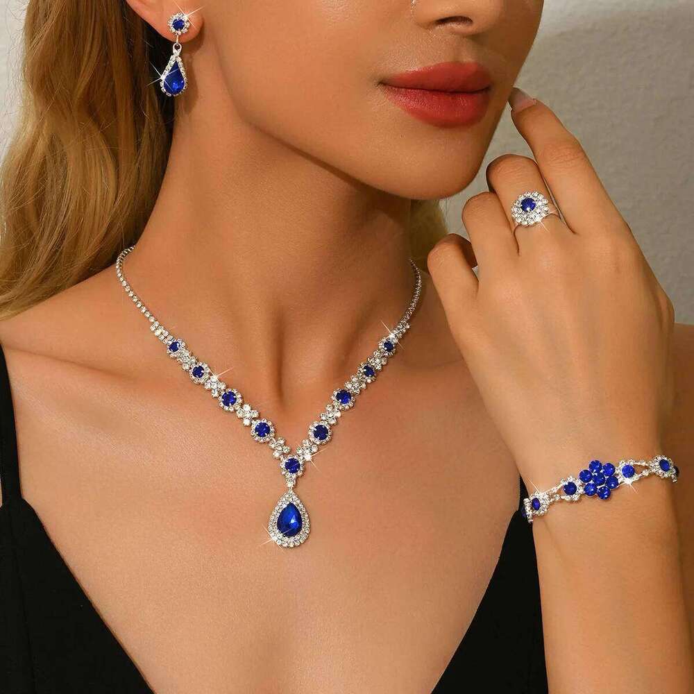 Hot Sale Blue & Green Crystal Jewelry Set - Bridal Wedding Party Necklace Bracelet Earrings Ring Gift for Women Z260313
