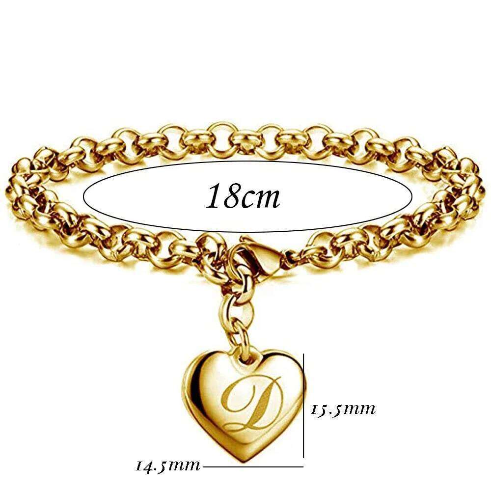 Initial Charm Gold-Color Bracelets Stainless Steel Heart 26 Letters Alphabet Bracelet for Women Girls Kids Gifts Z260313