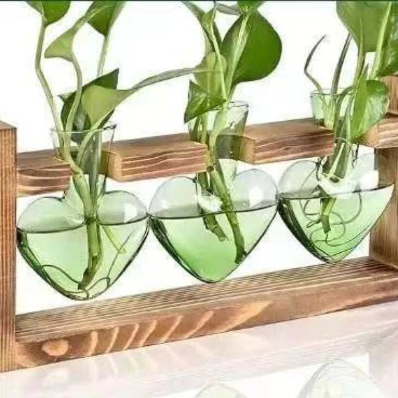 Creative Colorful Heart Shaped Transparent Glass Vase Wooden Frame Hydroponic Vase Container Home Ofice Table Decoration Y260314