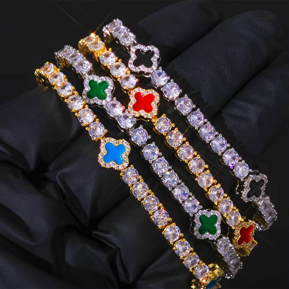 NUOYA Unisex Hip Hop Bracelet 4mm Tennis Chain 925 Silver Iced Out VVS Moissanite Multicolor Clover Leaf Fine Jewelry