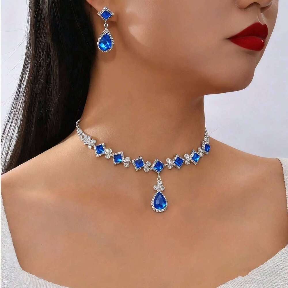 Red Crystal Choker Necklace Earrings Set Teardrop Pendant Silver-Plated Jewelry for Wedding Evening Party Prom Bridal Gift Z260313