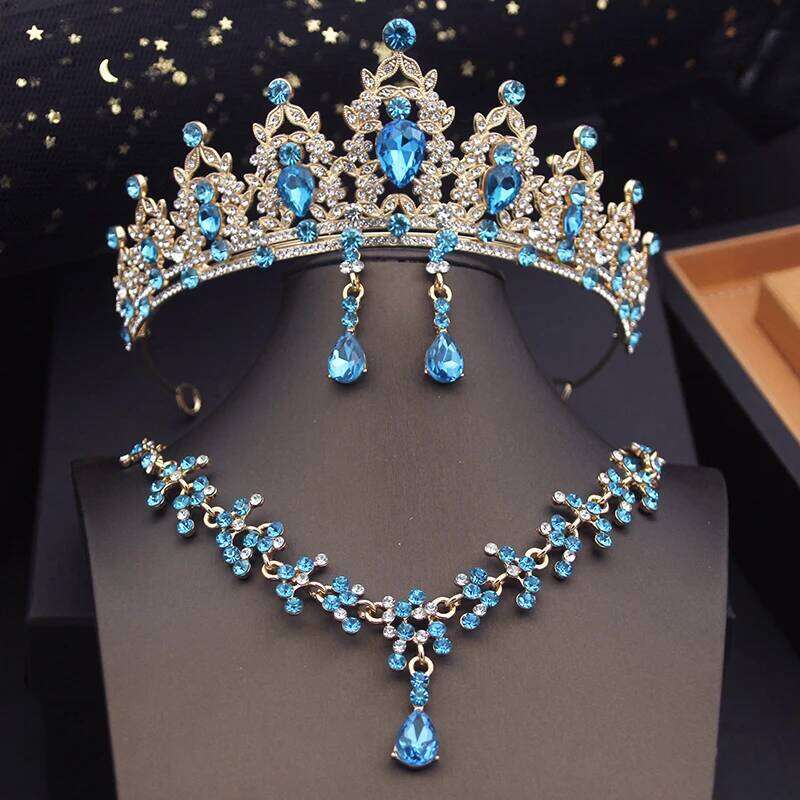 Princess Crown Bridal for Girls Blue Tiaras Choker Necklace Sets Bride Wedding Dress Prom Jewelry Accessories Z260313