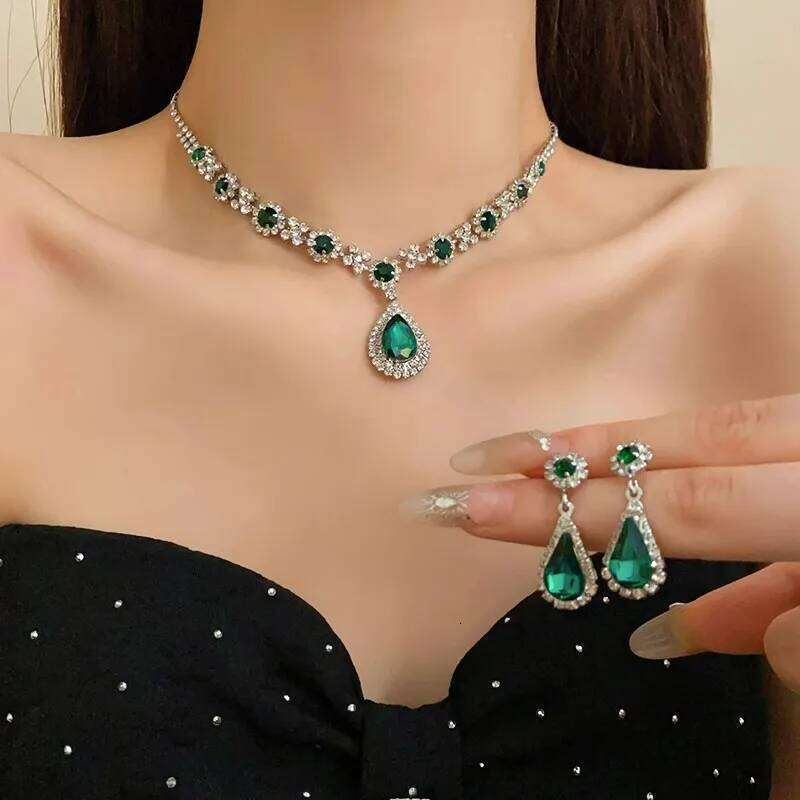 3pcs Set Water Drop Flower Emerald Color Necklaces for Women Fringe Dangle Earrings Fashion Jewelry Sets Z260313