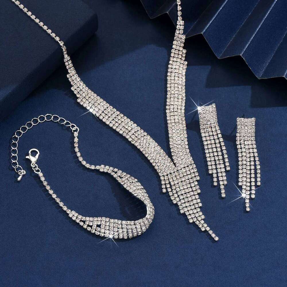 Fashionable tassel sparkling rhinestone necklace earring set, light luxury style high-end jewelry set Z260313