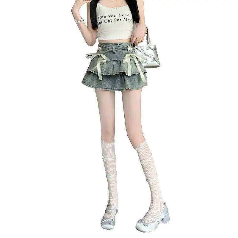 Summer New American Pure Lust Style Bow Tie A-line Cake Denim Puffy Short Skirt for Women Z260314