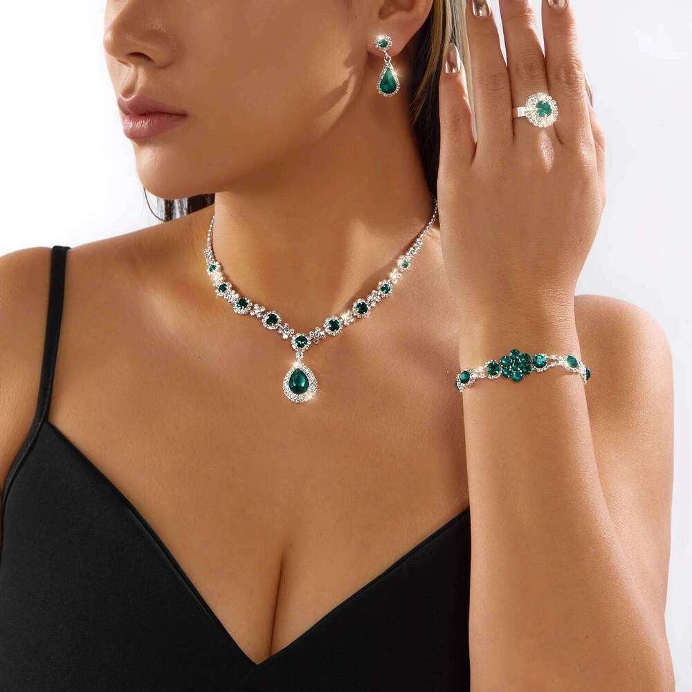 Light Luxury Green Crystal Water Drop Jewelry Set For Women Full Rhinestone Zircon Necklaces Bracelet Ring Earrings Wedding Gift Z260313