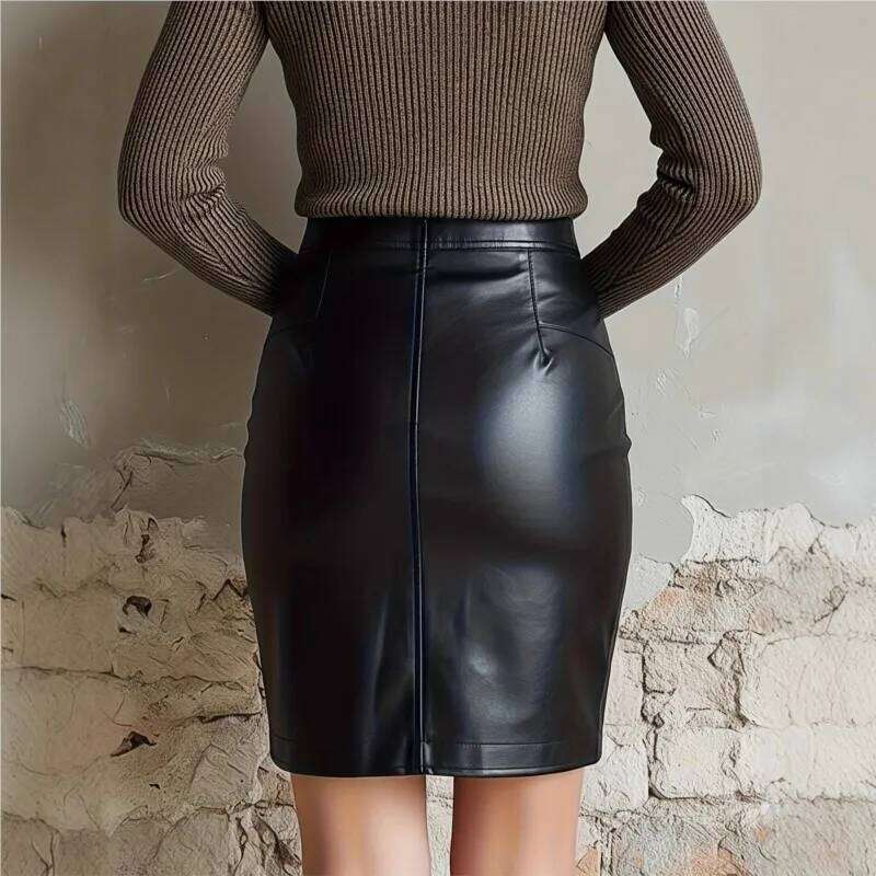 Sexy High Waist PU Leather Autumn 2025 Elegant Zipper Pocket Short Women Black Mini Skirt Z260314