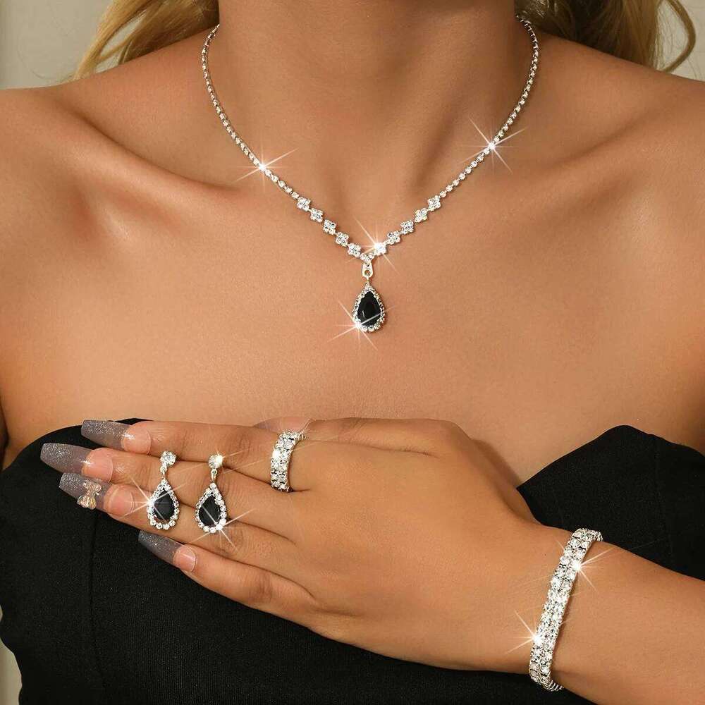 Glamorous Evening Jewelry Set Black Waterdrop Zircon Necklace Earrings Ring Bracelet Bridal Party Shiny Accessories Z260313